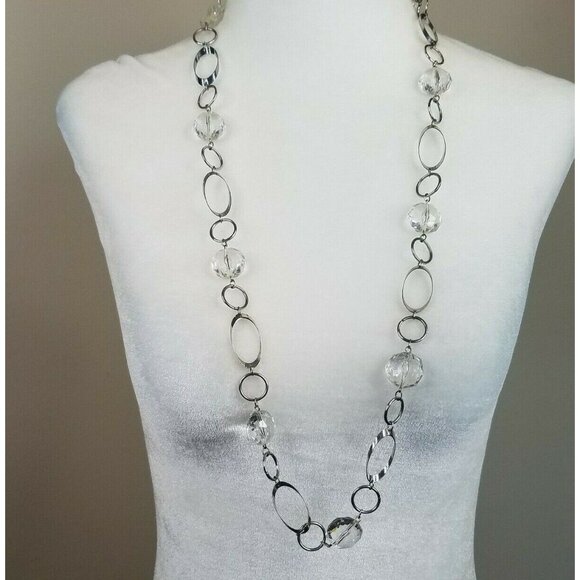 Clear Bead Necklace 32" Silver Tone Oval Chain Mod Retro Style - Picture 2 of 7
